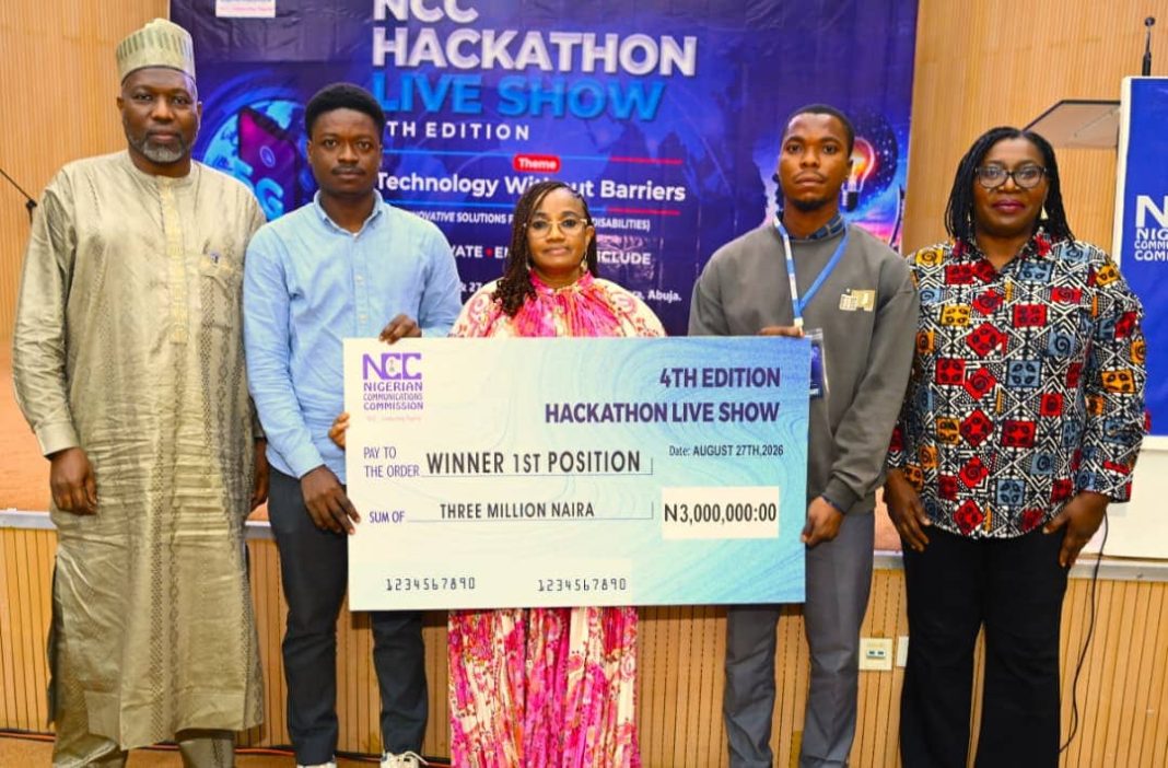 L-R: Engr. Babagana Digima, Director, Research and Development, Nigerian Communications Commission, (NCC); Isah Ladan, Team Engineer, Sora; Ms Helen Obi, Director Digital Economy, NCC; Abdulhaqq Somoye, Chief Executive Officer, Sora; Dr. Beluchi Nwanisobi, Head, Indigenous Content, NCC, during the presentation of Cheques to the winner of the 4th Edition of Hackathon Live Show, at the NCC Annex Office Mbora Abuja On the 27th August 2026.