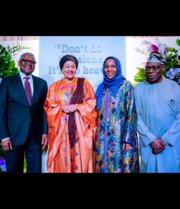 Aliko Dangote, Halima Aliko Dangote, Olusegun Obasanjo today at the Amina Mohammed's sent forth party at the Africa Centre, Harlem, New York .